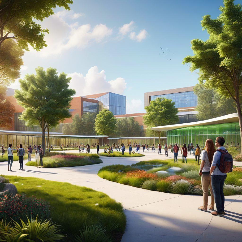 A futuristic university campus with open, accessible research labs and digital screens displaying community engagement projects. Diverse students and faculty collaborating in outdoor spaces, representing inclusivity and knowledge sharing. A blend of nature and technology, showcasing green spaces intertwined with modern architecture. Bright, inviting colors that symbolize hope and innovation. super-realistic. vibrant colors. 3D.