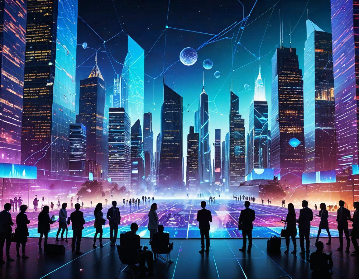 A futuristic cityscape with vibrant digital displays representing data analytics and transformation. A diverse group of people is collaborating, surrounded by holographic charts and graphs, illustrating the journey from raw data to insightful decisions. The skyline features buildings that resemble data storage devices and analytical tools, all under a bright, clear sky. super-realistic. vibrant colors. 3D.